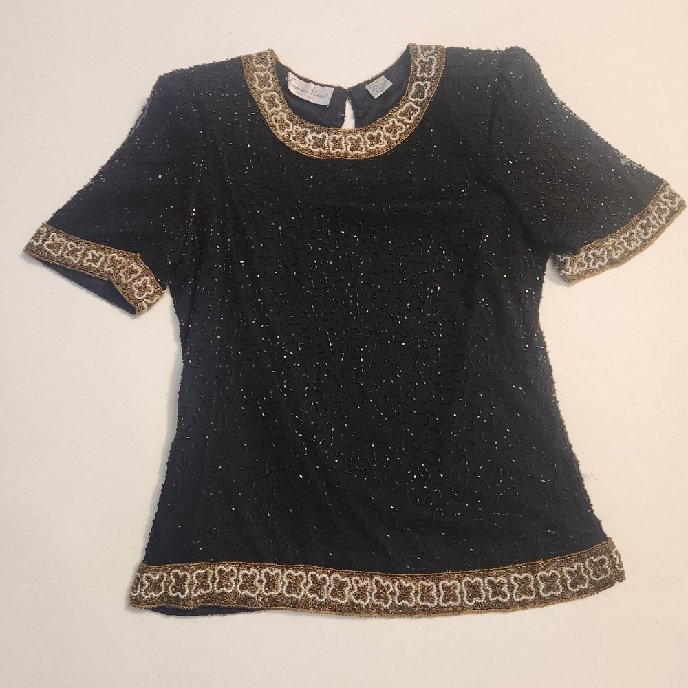 Laurence Kazar Silk Beaded Top Black Gold Pearl Evening Blouse Petite Small PS